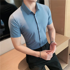 Threebooy High Quality Summer Elastic Ice Silk Short Sleeve Shirts Men Clothing Simple Luxury Slim Fit Business Casual Formal Wear Blouses