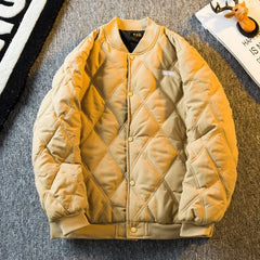 Threebooy Men's Parkas Rhombus Padded Cotton Winter Thickened Retro Casual Baseball Uniforms Warm Coat Stand Collar Single-breasted Coats