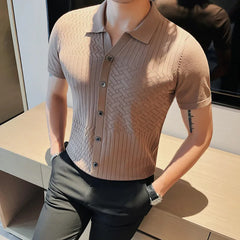 Threebooy Korean Style Men's Summer Casual Short Sleeves Knitted Polo Shirts/Male Slim Fit Business Fashion Stripe POLO Shirts S-4XL