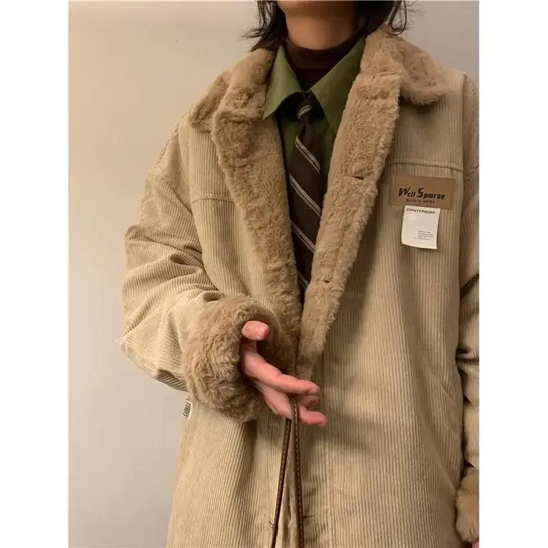 Threebooy Men's Retro Corduroy Padded Jacket Women Winter Loose Casual Thickened Cotton Turndown Collar Single-breasted Long Sleeves Tops