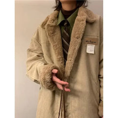 Threebooy Men's Retro Corduroy Padded Jacket Women Winter Loose Casual Thickened Cotton Turndown Collar Single-breasted Long Sleeves Tops