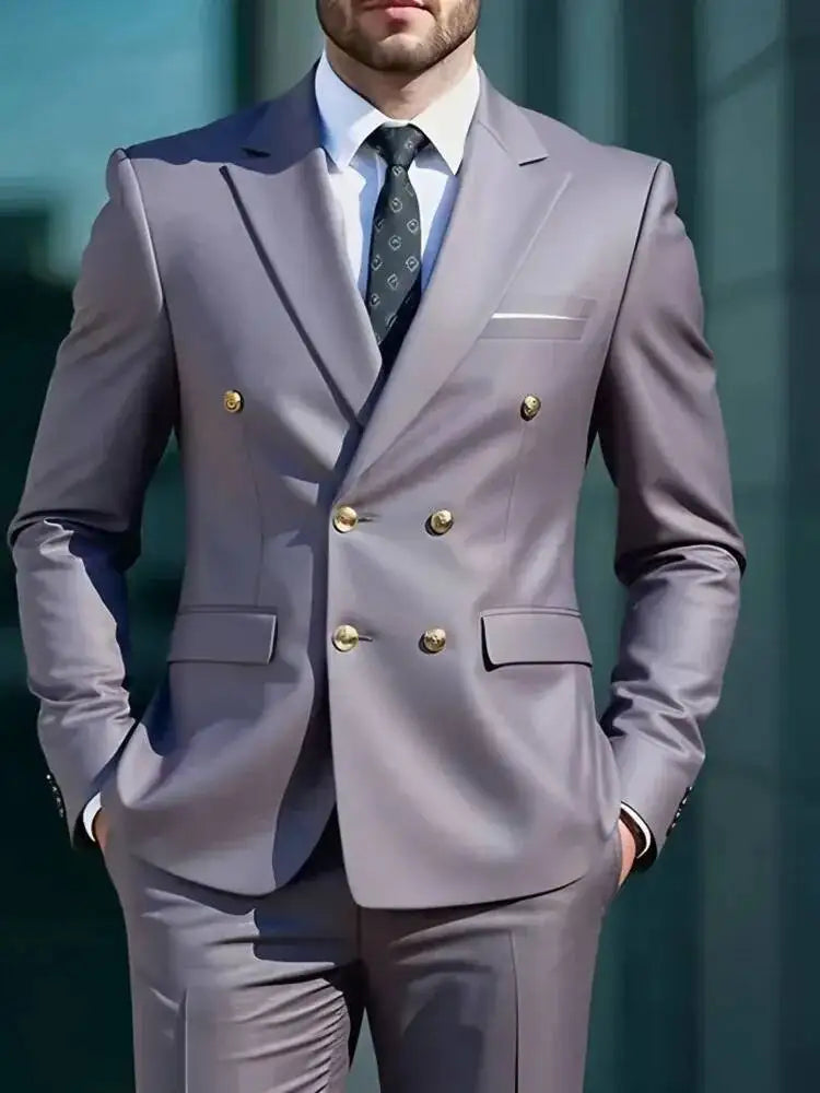 Threebooy  Fashion Men's 2 Piece Suit  Leisure Boutique Business Banquet Solid Color  Double Breasted Slim Fit For Wedding Grom