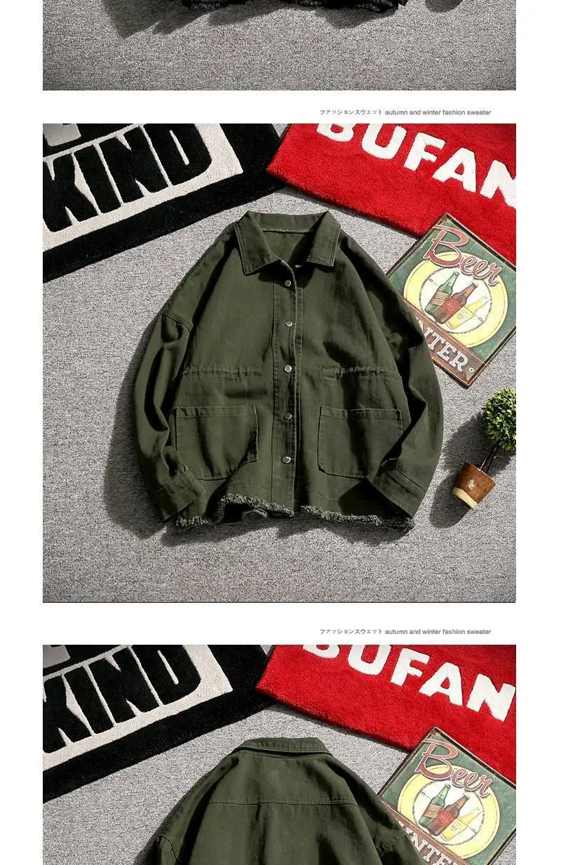 Threebooy Japanese Cargo Retro Jacket Men 2025 Spring Loose Large Size Army Green Denim Jacket Preppy Trendy High-end Simple Jacket Chic