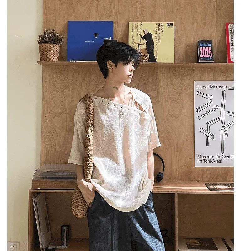 Threebooy Street Punk Shirt Off-shoulder Hollow T-shirt American 2025 New High-end Style Fashionable Casual Loose Short Sleeves