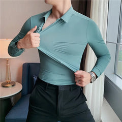 Threebooy  Men's Long Sleeved Elastic Shirt No Ironing Business Wear Professional Workwear Stand Up Collar Shirt Casual Solid Color Shirt
