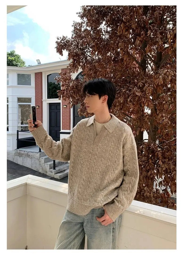 Threebooy Korean style spring and autumn men and women trendy street collar pullover sweater for couples loose retro street casual simple