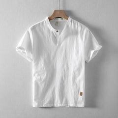 Threebooy Summer Men's Stand Collar Cotton Linen Shirt Casual Button Short Sleeve Beach Shirts Hawaiian T Shirts For Men