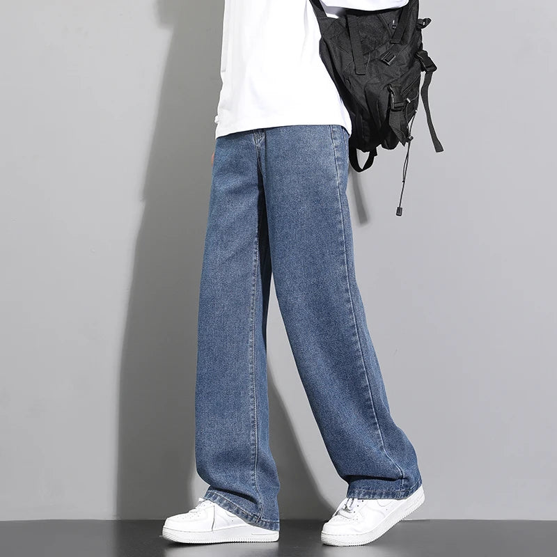 Threebooy 2025 New Korean Men's Casual Long Jeans Classic Man Straight Denim Wide-leg Pants Solid Color Light Blue Grey Black