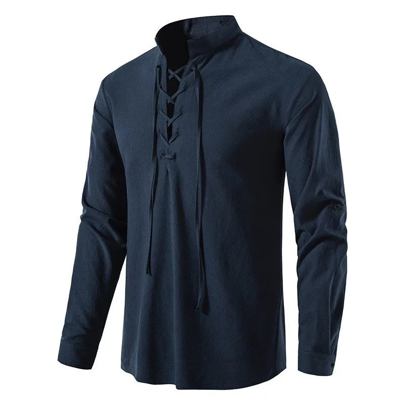 Threebooy  New Men's Casual Blouse Cotton Linen Shirt Tops Long Sleeve Tee Shirt Spring Autumn Slanted Placket Vintage Yoga Shirts