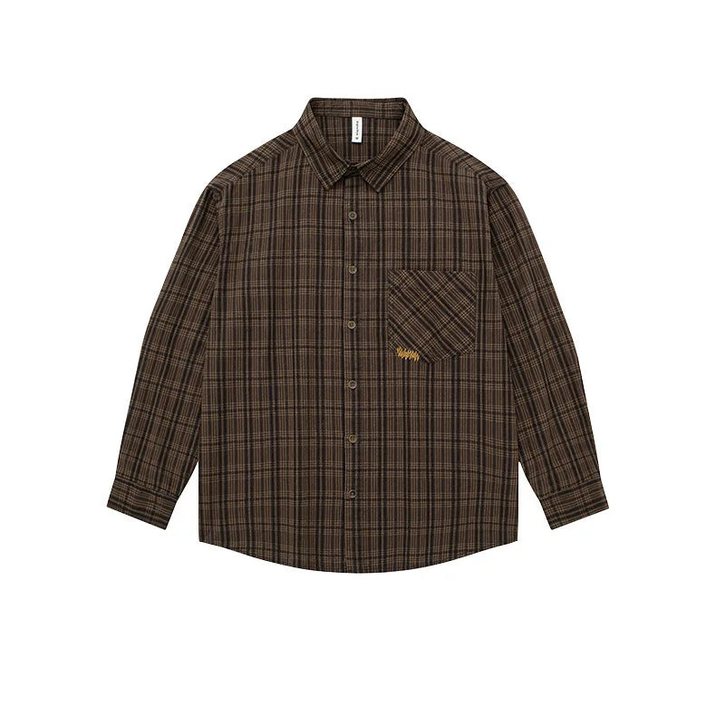 Threebooy  Spring Autumn Men's Long Sleeve Plaid Shirt Korean Embroidered Casual Washed Cotton Texture Plaid Tooling Shirt Jacket