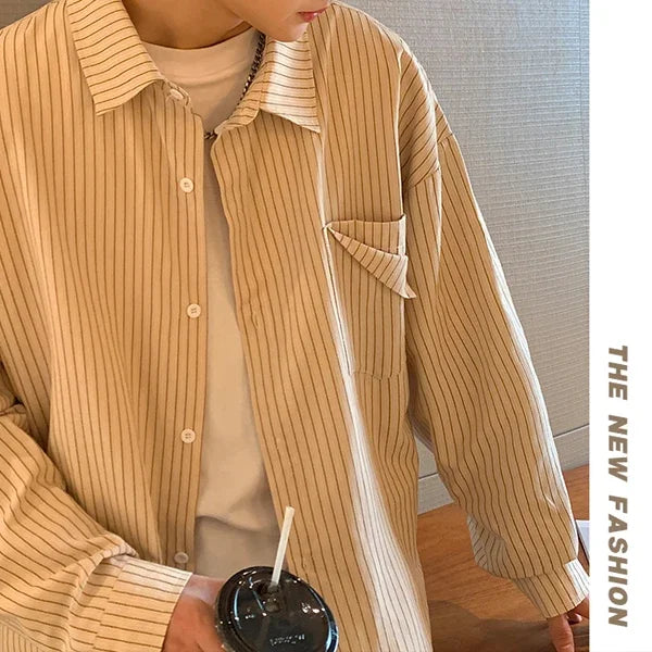 Threebooy 2024 Striped Long Sleeve Shirt Oversized Mens Large Spring Summer Loose Casual Man Shirts Clothes Fashion Harajuku Chest Pocket