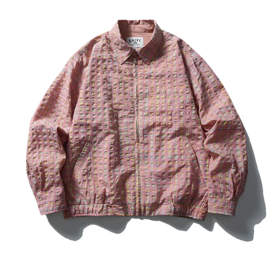 Threebooy Vintage Plaid Cargo Jackets Mens Streetwear Punk Y2k Casual Coats Harajuku Loose Hip Hop Japan Style Pink Jackets Male