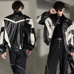 Threebooy American Retro Racing Coat Couple Outfit Splicing Contrasting Motorcycle Suit Leather Jacket Korean Style Loose Handsome Jacket