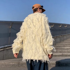 Threebooy  Winter Ripped Fringe Raw Edge Sweater For Men Hip Hop Fashion Knitted Pullovers Y2K Vintage Streetwear Knitwear Jersey Clothes