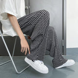 Threebooy Summer Ice Silk Pants Men Oversized Retro Plaid Pants Men Japanese Streetwear Loose Wide Leg Pants Mens Pleated Trousers M-5XL