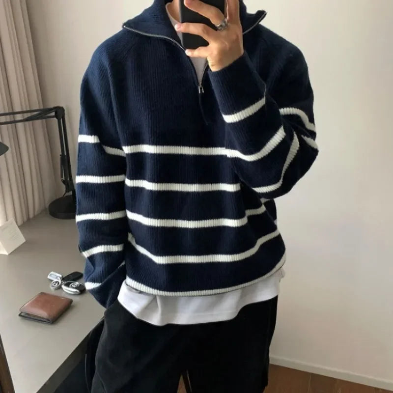 Threebooy  Striped Leisure Knitwear Young Students With Zipper Pullovers Male Vintage New in Sweatshirt Designer Woven Men's Knit Sweater