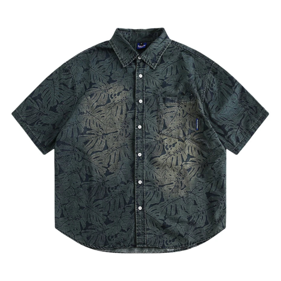 Threebooy  Summer Denim Short Sleeve Shirt Men Streetwear Hip Hop Leaves Print Jeans Shirt Oversized Harajuku Washed Casual Blouse Male