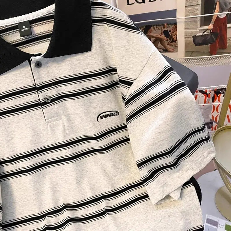 Threebooy High street hip-hop men and women trendy personalized striped polo short sleeved couple summer loose retro casual Harajuku top
