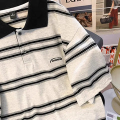 Threebooy High street hip-hop men and women trendy personalized striped polo short sleeved couple summer loose retro casual Harajuku top