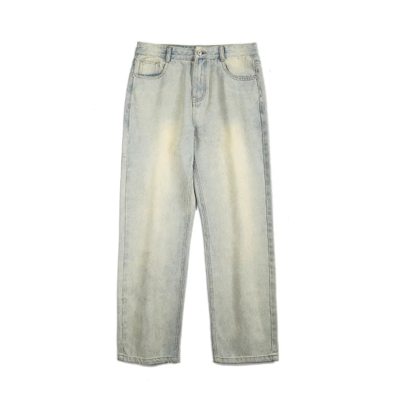 Threebooy Y2k American High Street Yellow Mud Wash Jeans Men Fashion Casual Loose Hip Hop Zipper Split Straight Leg Wide Pants