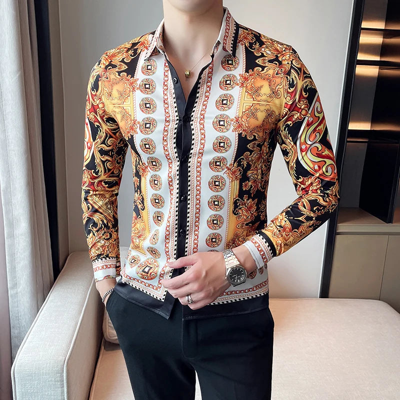 Threebooy Luxury Paisley Gold Printed Shirt Men's Royal Club Clothing Korean Men's Long Sleeve Slim Long Sleeve Shirt Tuxedo Shirt