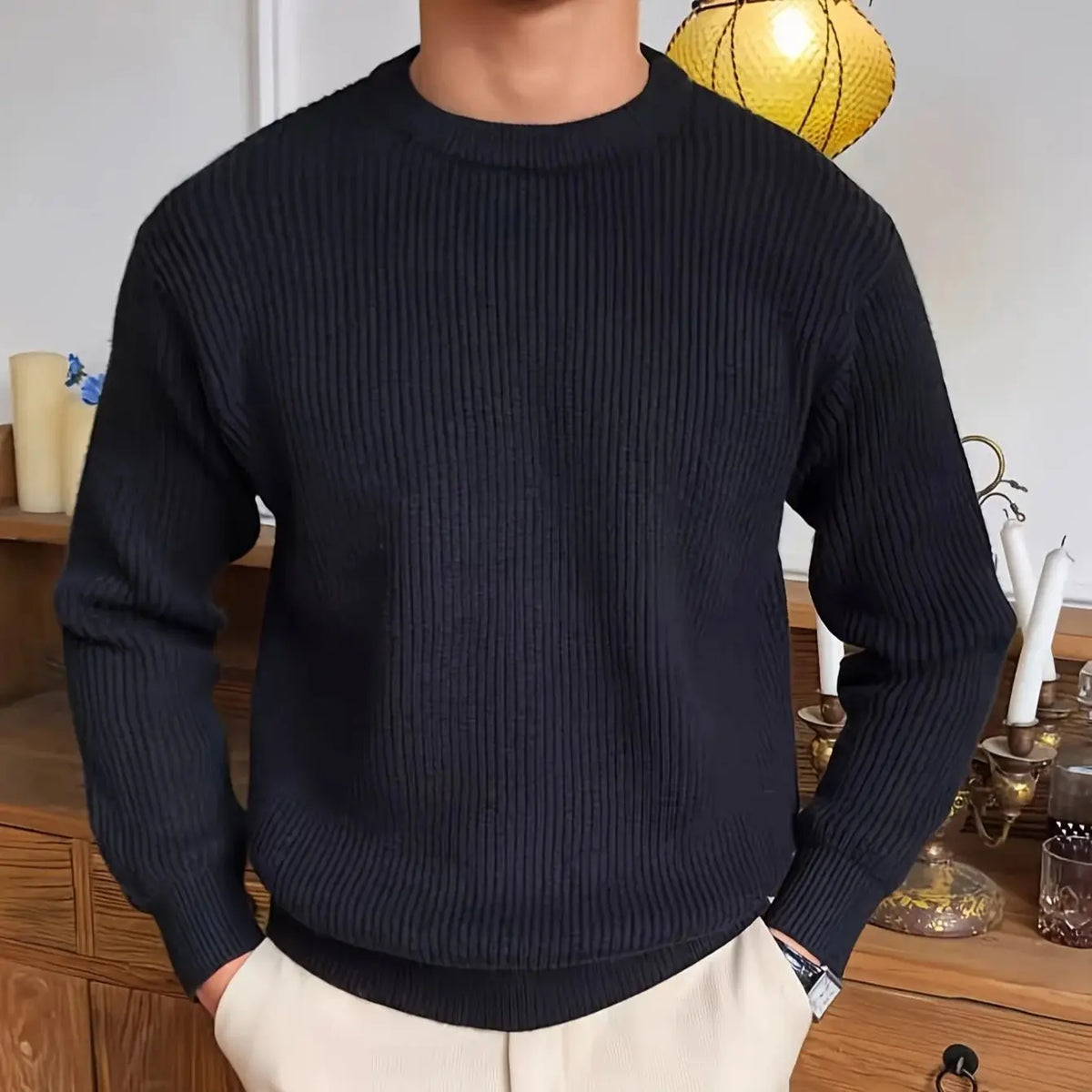 Threebooy  Ripped Casual Knit Pullover for Men, Fall Winter Long Sleeve Crew Neck Shirt, Vintage Old Money Style Comfortable Top