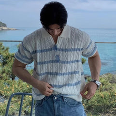 Threebooy Men's Clothing Fashion Tops Light Luxury Korean Popular Knit Polo Shirt Leisure V Neck Short Sleeve Solid Color Striped Knitwear