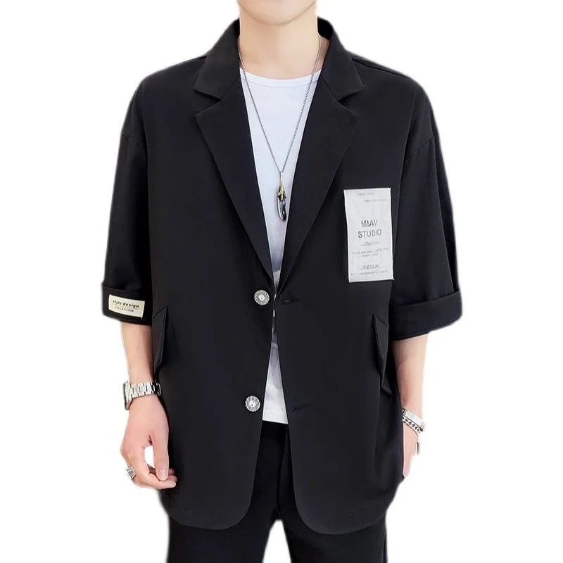 Threebooy Three-quarter Sleeve Blazers Loose Casual Suit Summer Oversize Patch Design Solid Jackets Classic Simple Trend  Male Clothes