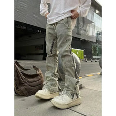 Threebooy  Distressed Washing Side Zip-up Micro Flare Jeans Niche Street Style American Vintage High-end Feel Trousers For Men Casual Scene