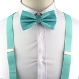 Threebooy Fashion Men Kids Turquoise Green Suspender Bowtie Sets Elastic Solid Color Y-back Straps Butterfly Father Son Shirt Accessory