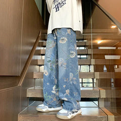 Threebooy  Autumn Floral Printed Jeans For Men New Y2K Vintage Denim Pants Hip Hop Fashion Wide-leg Baggy Jean Streetwear Trousers