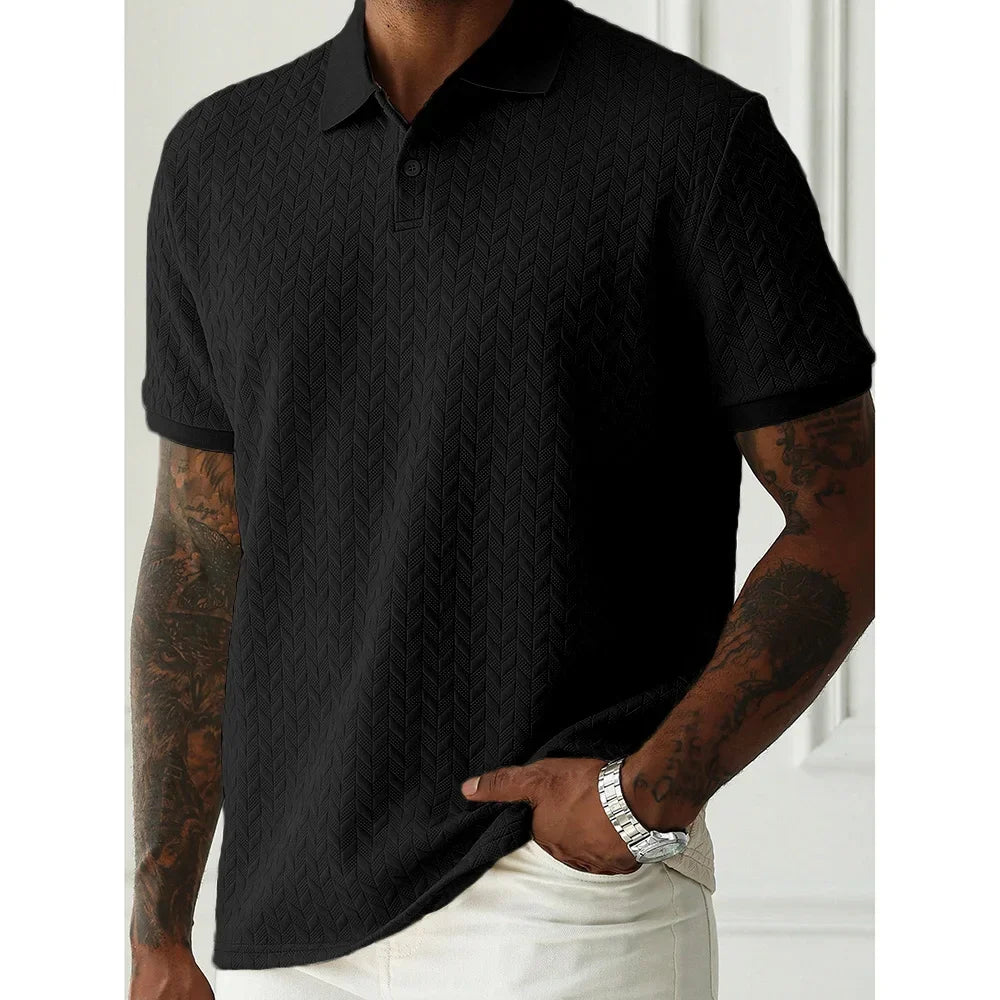 Threebooy  Men's Heavyweight Polo Shirt Spring Summer Short-sleeved Jacquard T-shirt Turn-down Collar Casual Fashion Button Male Clothing