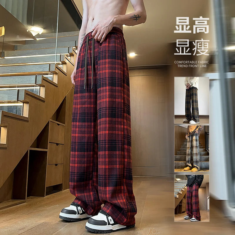 Threebooy  Autumn Plaid Pants Men Oversized Fashion Retro Casual Pants Men Streetwear Hip-hop Loose Wide Leg Pants Mens Vintage Trousers