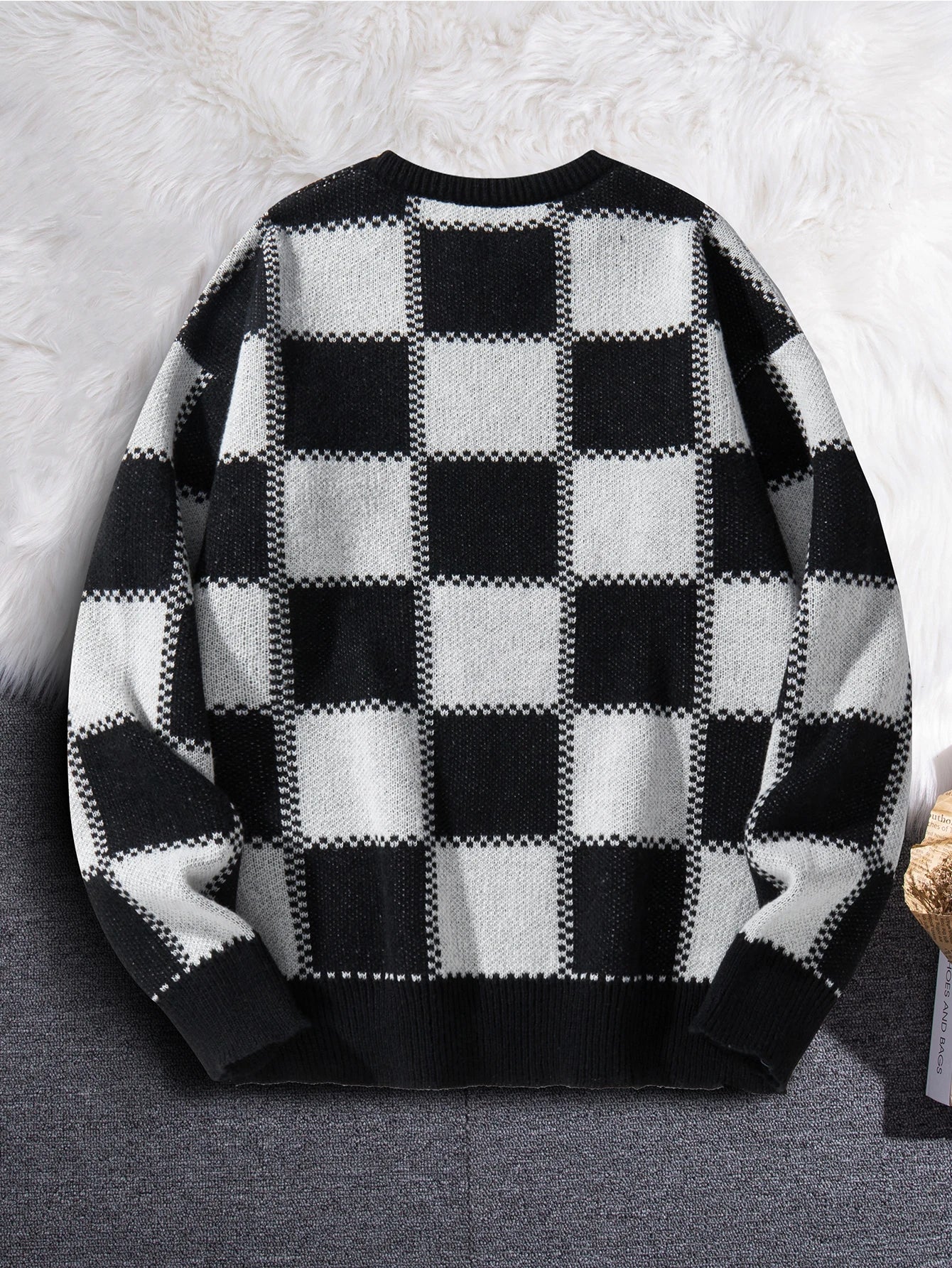 Threebooy New Popular Autumn Winter Plaid Jacquard Pattern Pullover Sweater Casual Round Neck Contrast Color Knitted Men's Pullover