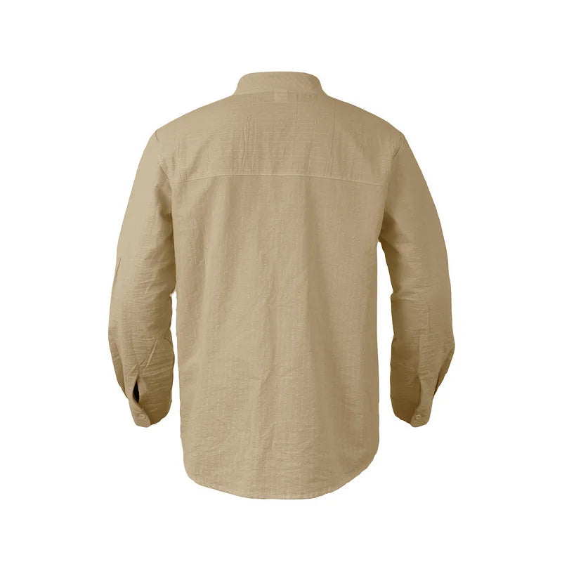 Threebooy 2025 New Autumn New Men's Casual Shirt Business Casual Style Linen Shirt Striped Stand Collar Long Sleeve Cardigan Shirt Men