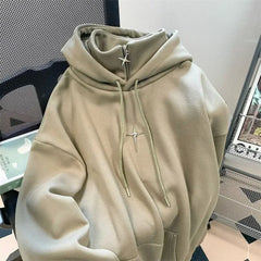 Threebooy American Style Retro Design Sense Four Pointed Star High Collar Hooded Sweater for Men and Women Trend Winter Thick Top Coat