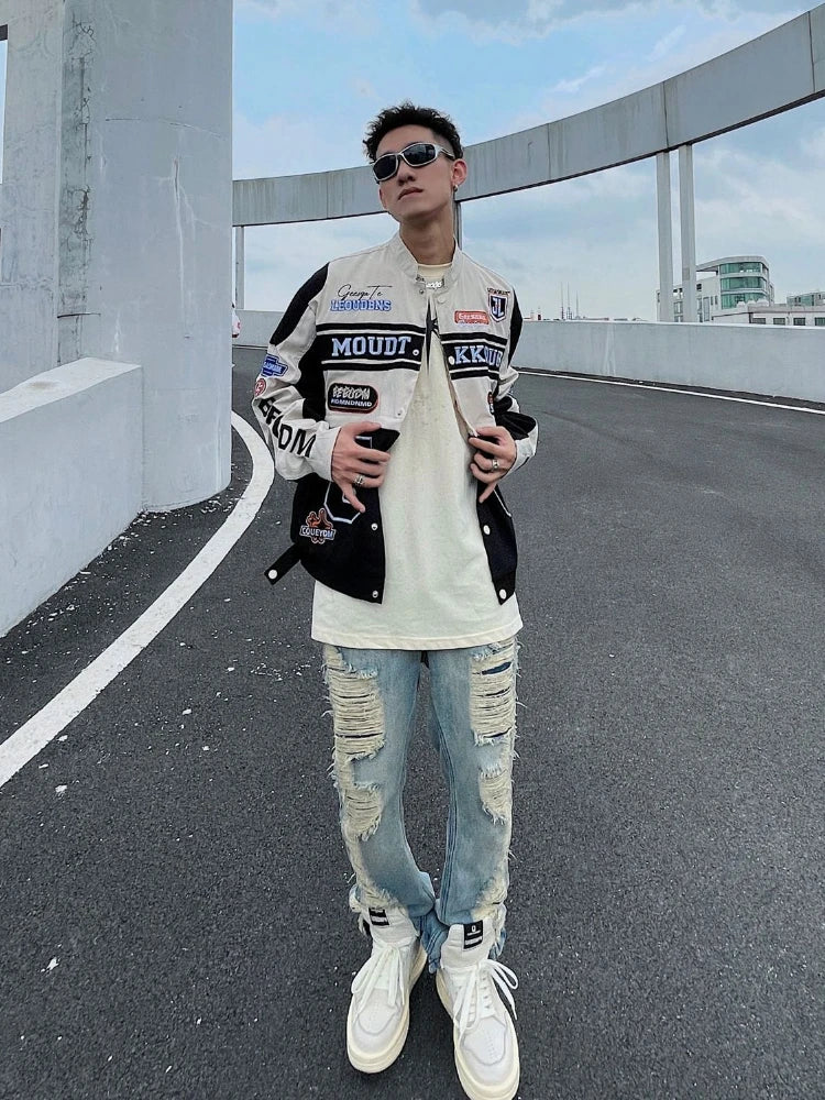 Threebooy American Retro Racing Jacket Handsome Detachable Function Racing Suit Jacket Men Loose Niche Button Up Baseball Uniform