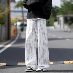 Threebooy Jeans Mens Classic Straight Leg Jeans White Tie Dye Denim Pants Unisex Fashion Casual Trousers Streetwear Hip Hop Style Washed