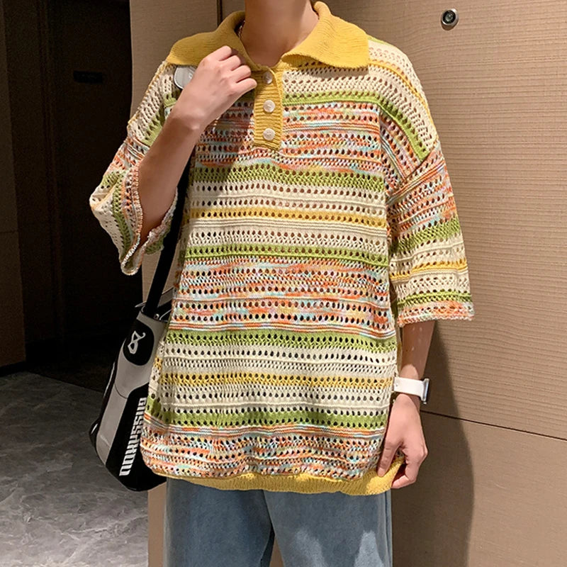 Threebooy New Trend Men Fashion Striped Polo Shirt Light Luxury Hollow Out Knitted T-shirt Korean Style Summer Casual Short Sleeve Tops