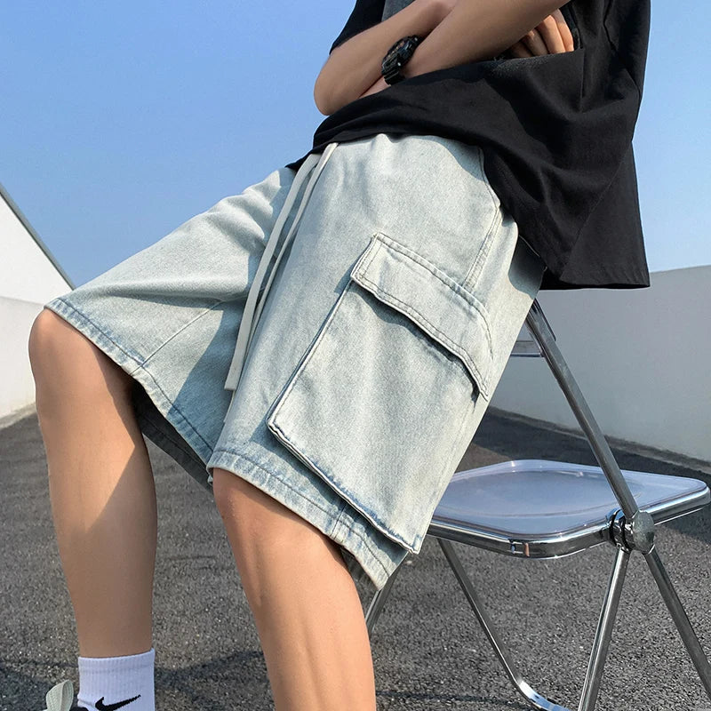 Threebooy Korean Summer Men's Wide Leg Denim Shorts New Fashion Loose Casual Elastic Waist Large Pocket Work Shorts Men's Brand Clothing