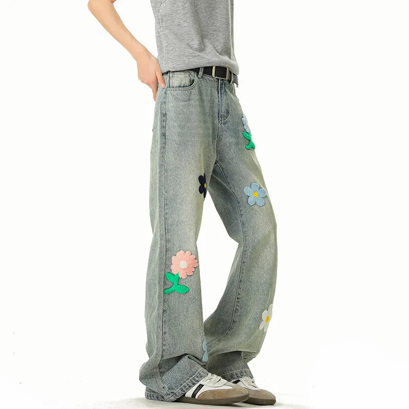 Threebooy Blue Jeans Men Fashion Casual Straight Jeans Streetwear Hip-hop Loose Flower Jeans Mens Vintage Denim Pants Man Trousers