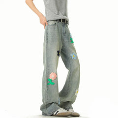Threebooy Blue Jeans Men Fashion Casual Straight Jeans Streetwear Hip-hop Loose Flower Jeans Mens Vintage Denim Pants Man Trousers