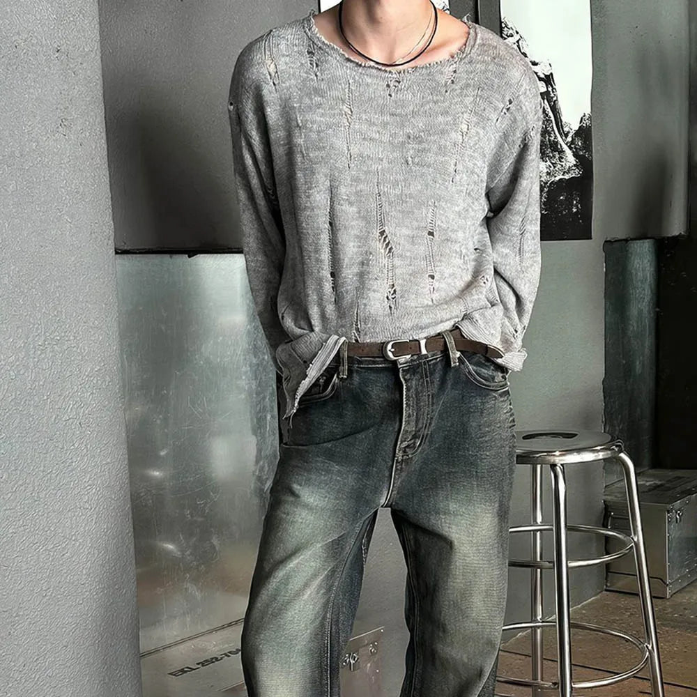 Threebooy  Men's Solid Color Ripped Long-Sleeved T-Shirt American Retro Fashion Trend High Street Loose Casual Breathable Niche Men's Tops