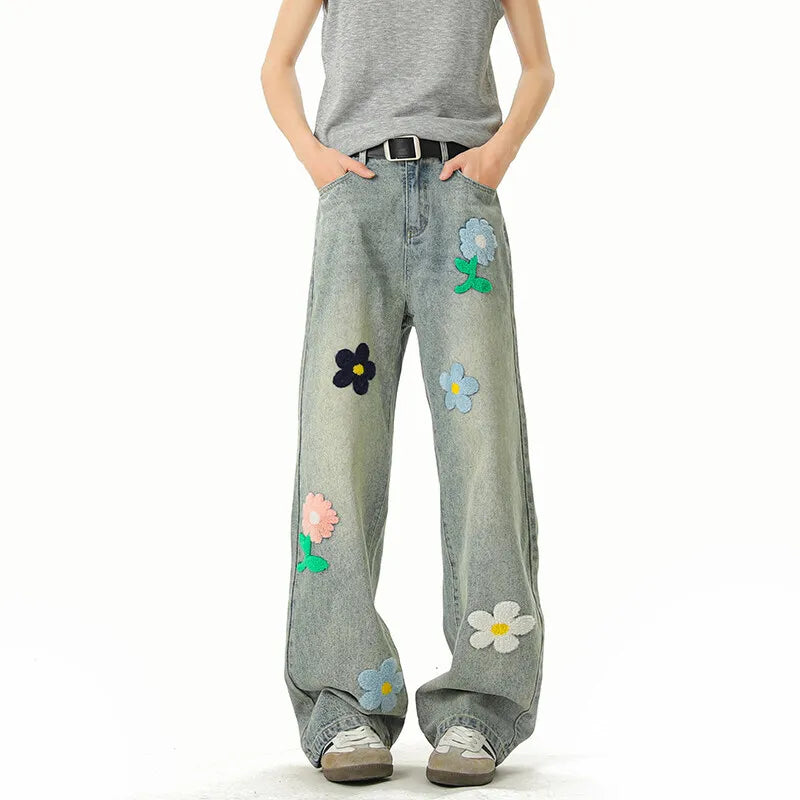 Threebooy Blue Jeans Men Fashion Casual Straight Jeans Streetwear Hip-hop Loose Flower Jeans Mens Vintage Denim Pants Man Trousers