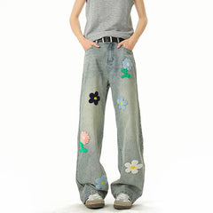 Threebooy Blue Jeans Men Fashion Casual Straight Jeans Streetwear Hip-hop Loose Flower Jeans Mens Vintage Denim Pants Man Trousers