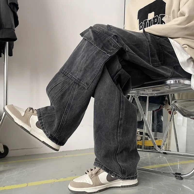 Threebooy  Men's Patchwork Blue Cargo Jeans Unisex Straight Casual Trousers Men Muti-pockets Hip Hop Streetwear 90s Vintage Fashion Pants