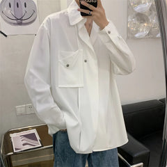 Threebooy Korean Streetwear Spring Color New Style Personalized Men's Suit Stand Collar Diagonal Button Long Sleeve Shirt Male