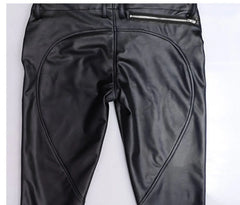 Threebooy New double zipper open pants men's PU leather pants Korean version personality raised silhouette tight motorcycle pants