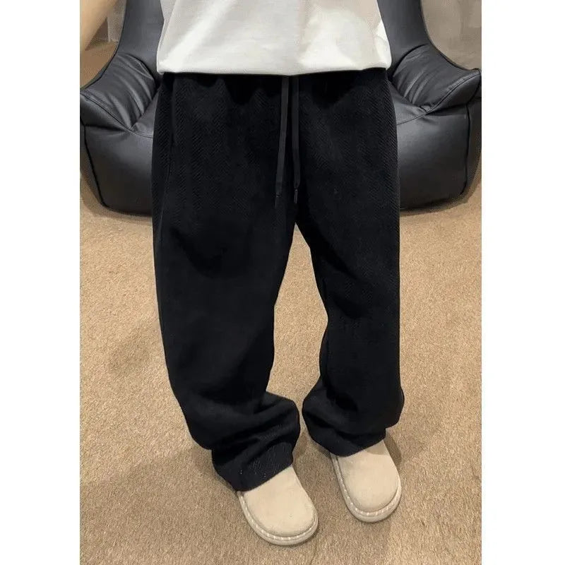 Threebooy  Men's Autumn Winter Velvet Thickened Casual Pants with Grain Texture Loose Straight Wide-leg Sweatpants