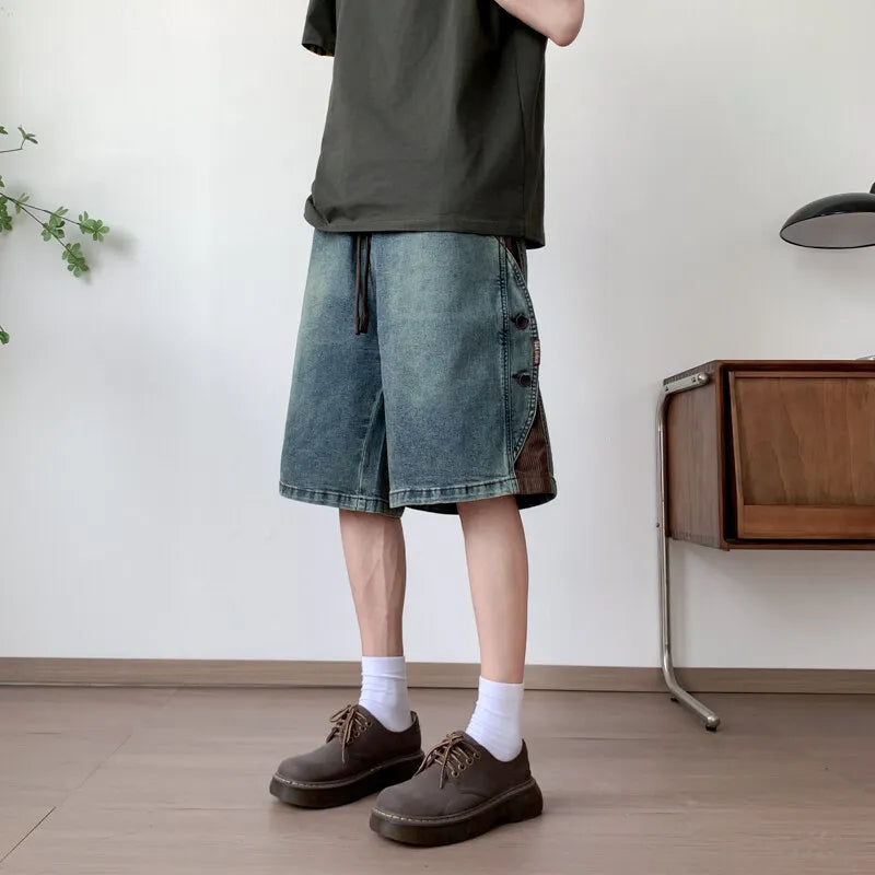 Threebooy  Mens Loose Fit Summer Denim Shorts Elastic Waist Washed Blue Side Personality Design Casual Comfortable Fashion Trendy Outdoor